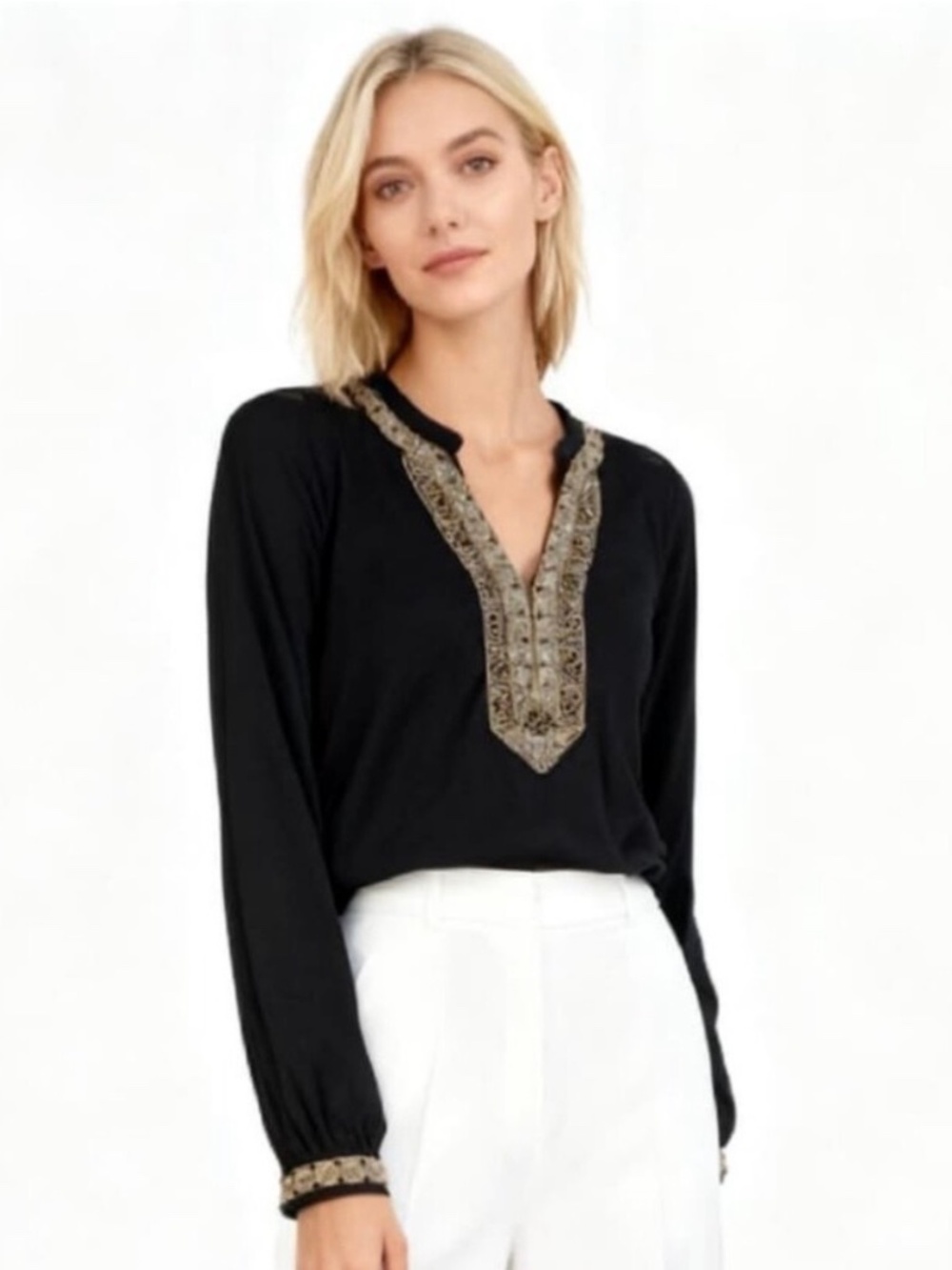 Lucky Brand black, long sleeved top with bronze beaded accent.